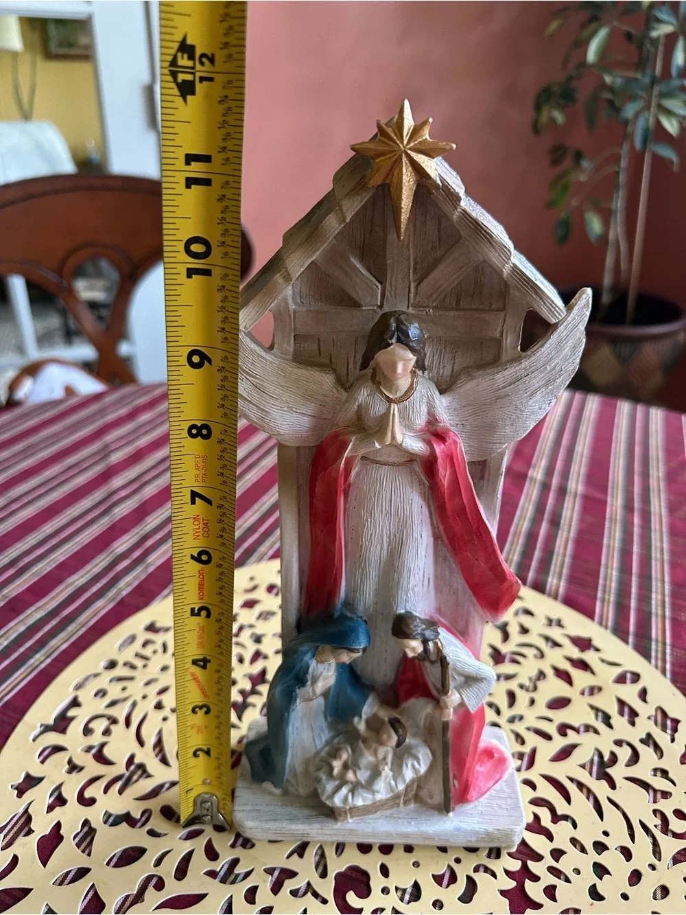 Hand-Painted Nativity Figurine with Angel in Red and Blue